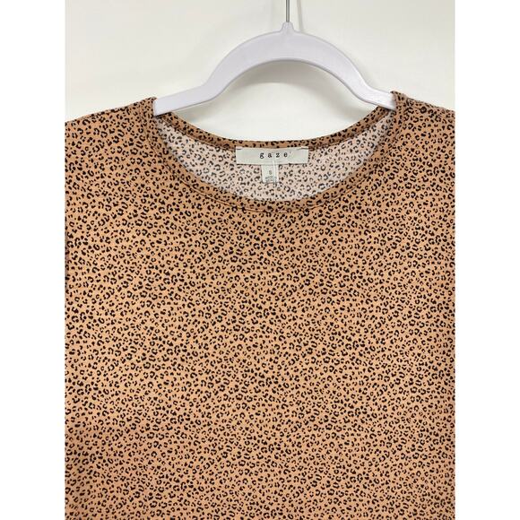Gaze Women Brown Black Animal Print Short Sleeve Ruffle Shirt Top NEW Size Small - Picture 3 of 10